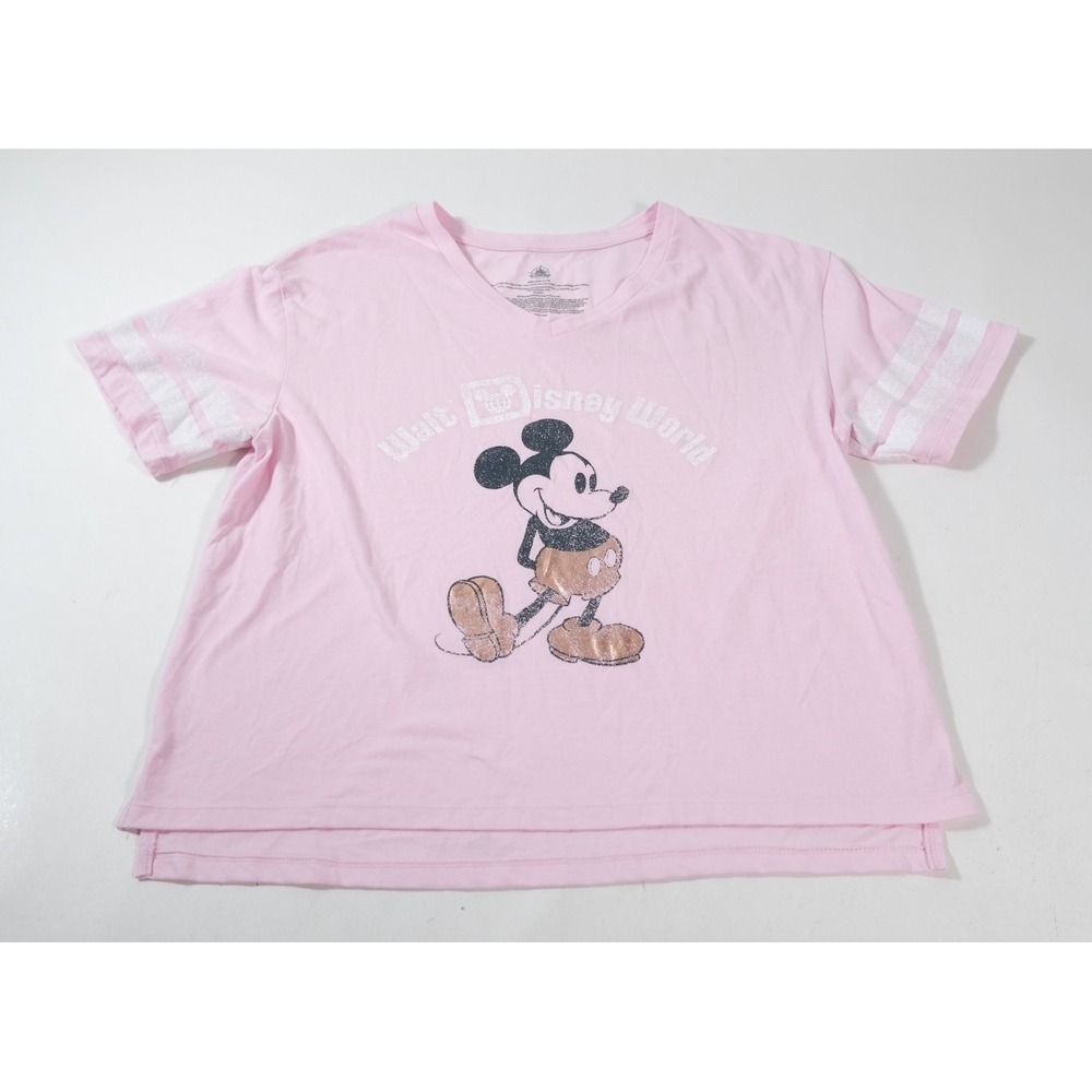 Disney T-Shirt Womens L Pink Mickey Mouse Walt Disney World Varsity Stripe